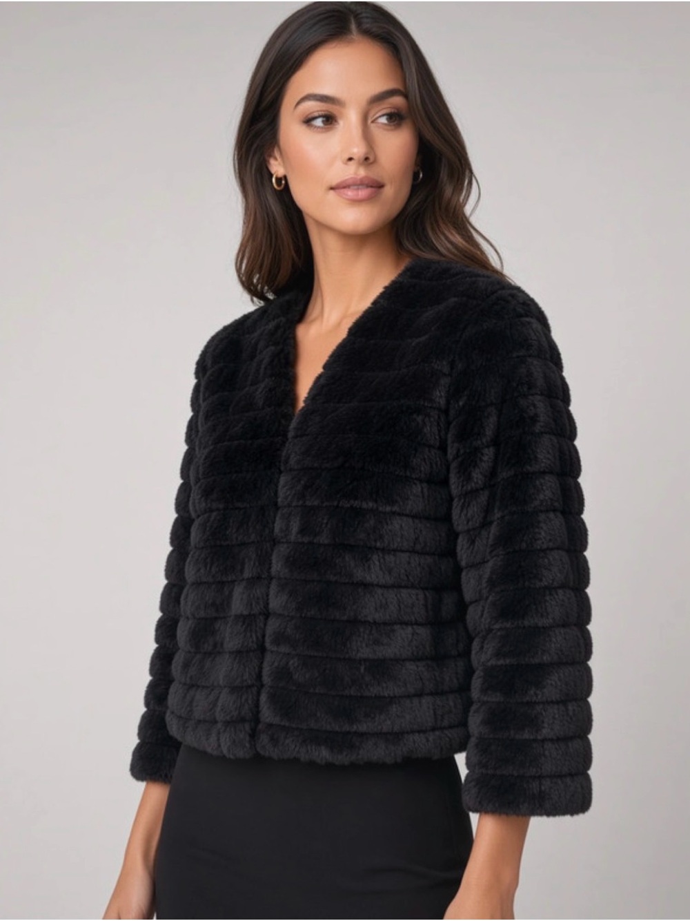 Signature by Robbie Bee Black Ribbed Faux Fur Cropped Coat